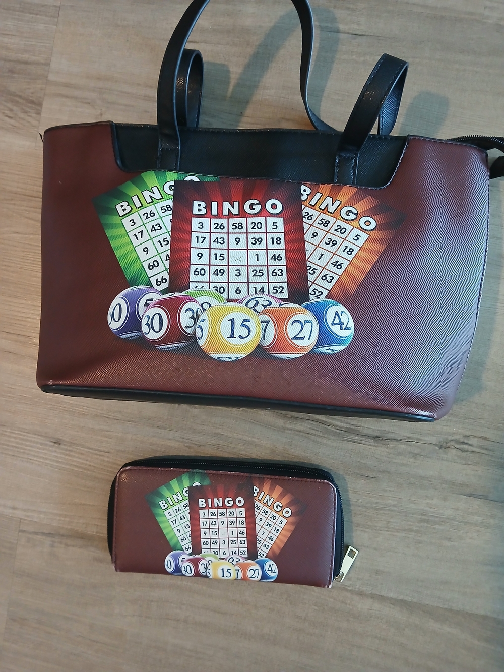 Burgundy Bingo Print Tote Bag with Matching Wallet